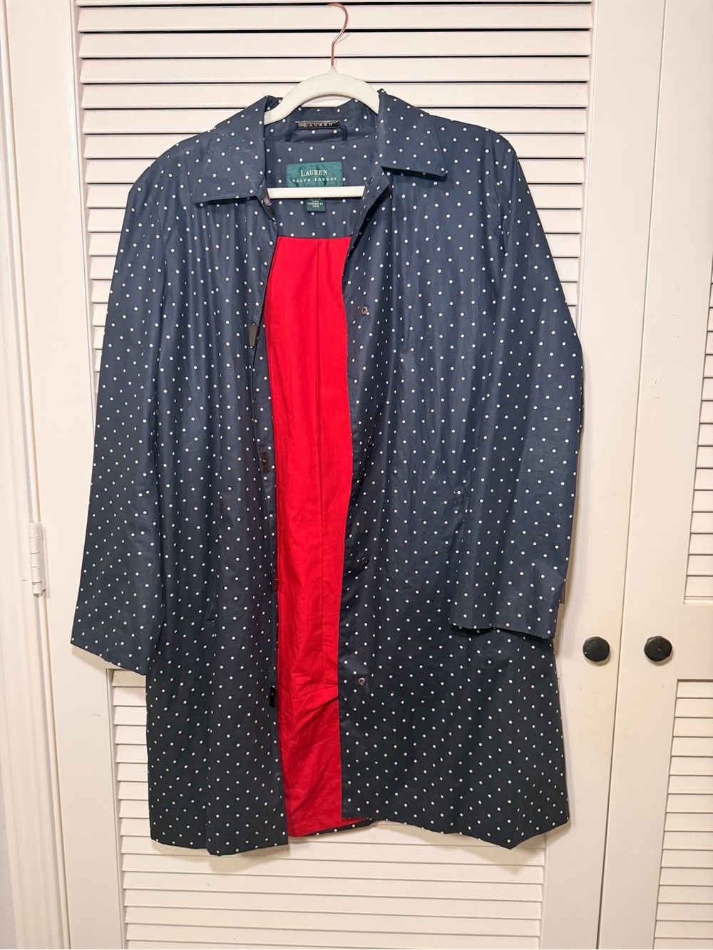 Lauren Ralph Lauren Navy Polka Dot Trench Coat with Red Lining